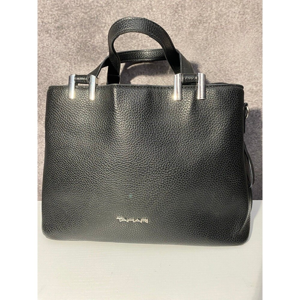 Tahari Black Pebbled Faux Leather Satchel Handbag Shoulder Bag Multi Compartment